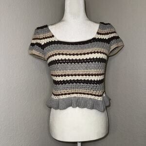 Promesa Crochet Crop Top Women's Medium Multi Knitted Ruffle Hem Cap Sleeve